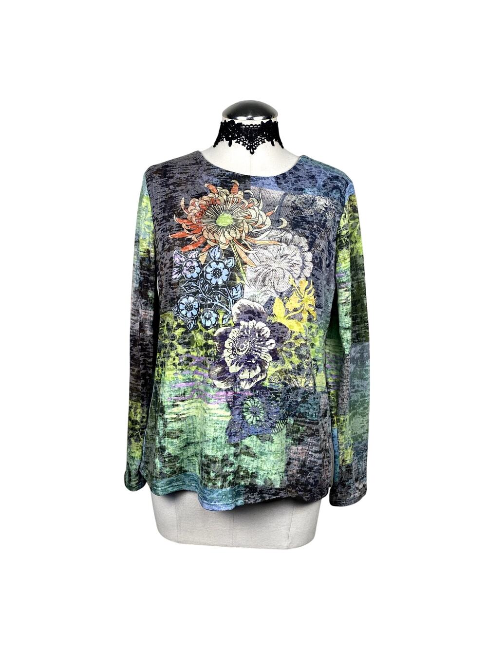 Coldwater Creek Patchwork Hippie Boho Fairy Floral AOP Print Long Sleeve Top S